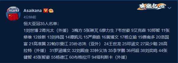 广州恒大亚冠赛程(朱艺发布恒大亚冠35人名单：高拉特领衔四外援，保利尼奥因伤落选)