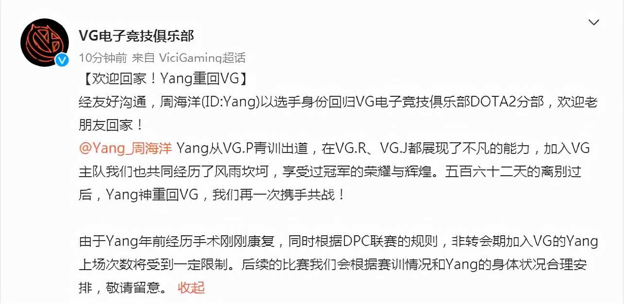 vg战队(Dota2-正式复出，VG.Yang重新连接！水友：VG永远都是你的家)