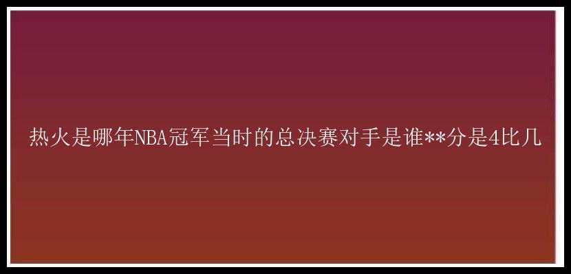 热火是哪年NBA冠军当时的总决赛对手是谁**分是4比几